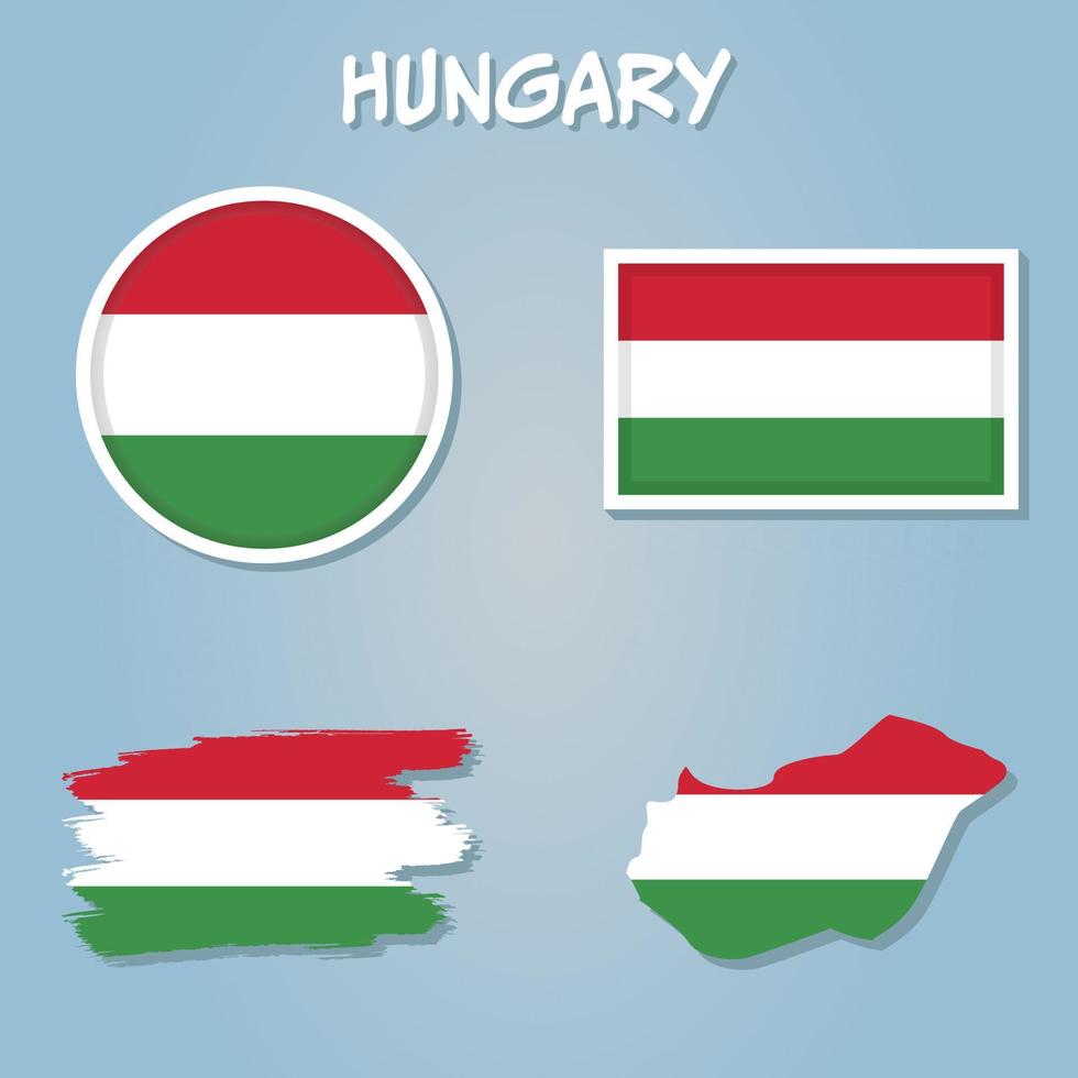 Flag and coat of arms of the Republic of Hungary overlaid on outline map isolated. vector