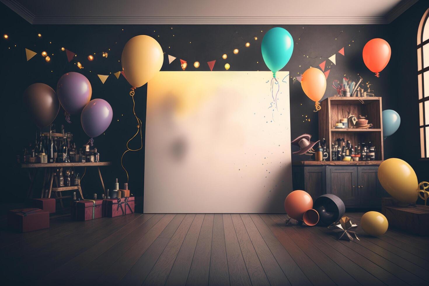 Festive party with balloons, stage and garlands. Illustration photo