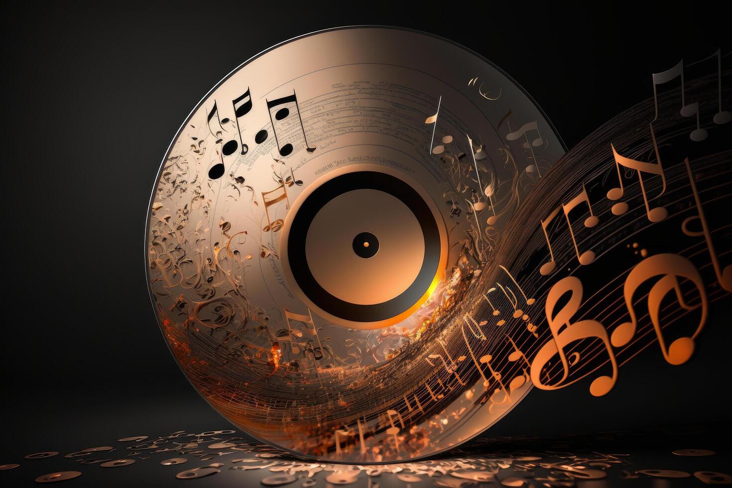 Colorful Music Notes Background With Sheet Music Disc And Treble Clef 