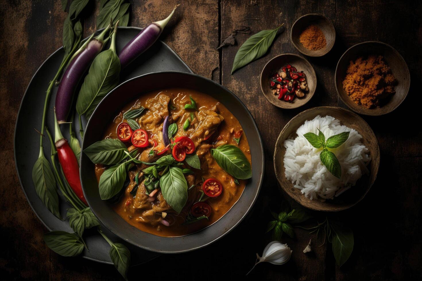 Spicy thai curry with pork meat serving with rice Illustration photo