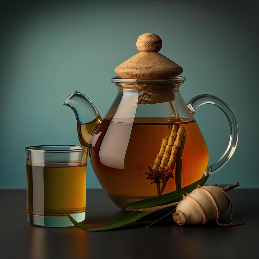 Glass teapot and cup containing lemongrass and ginger tea. Illustration photo