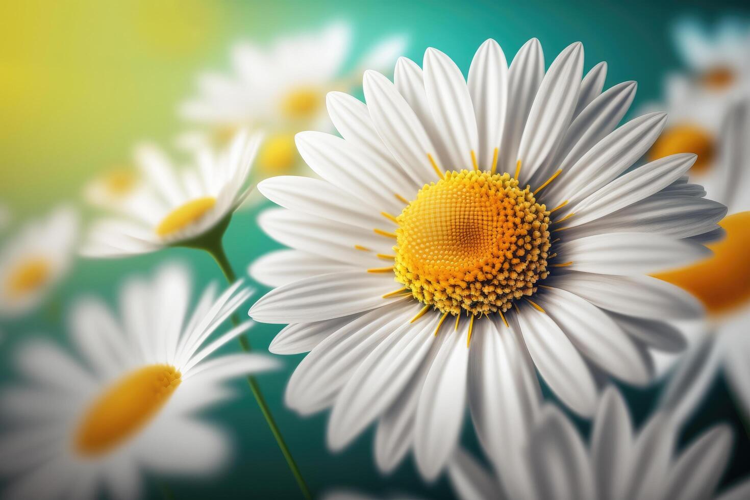Green field with blooming daisies. Illustration photo