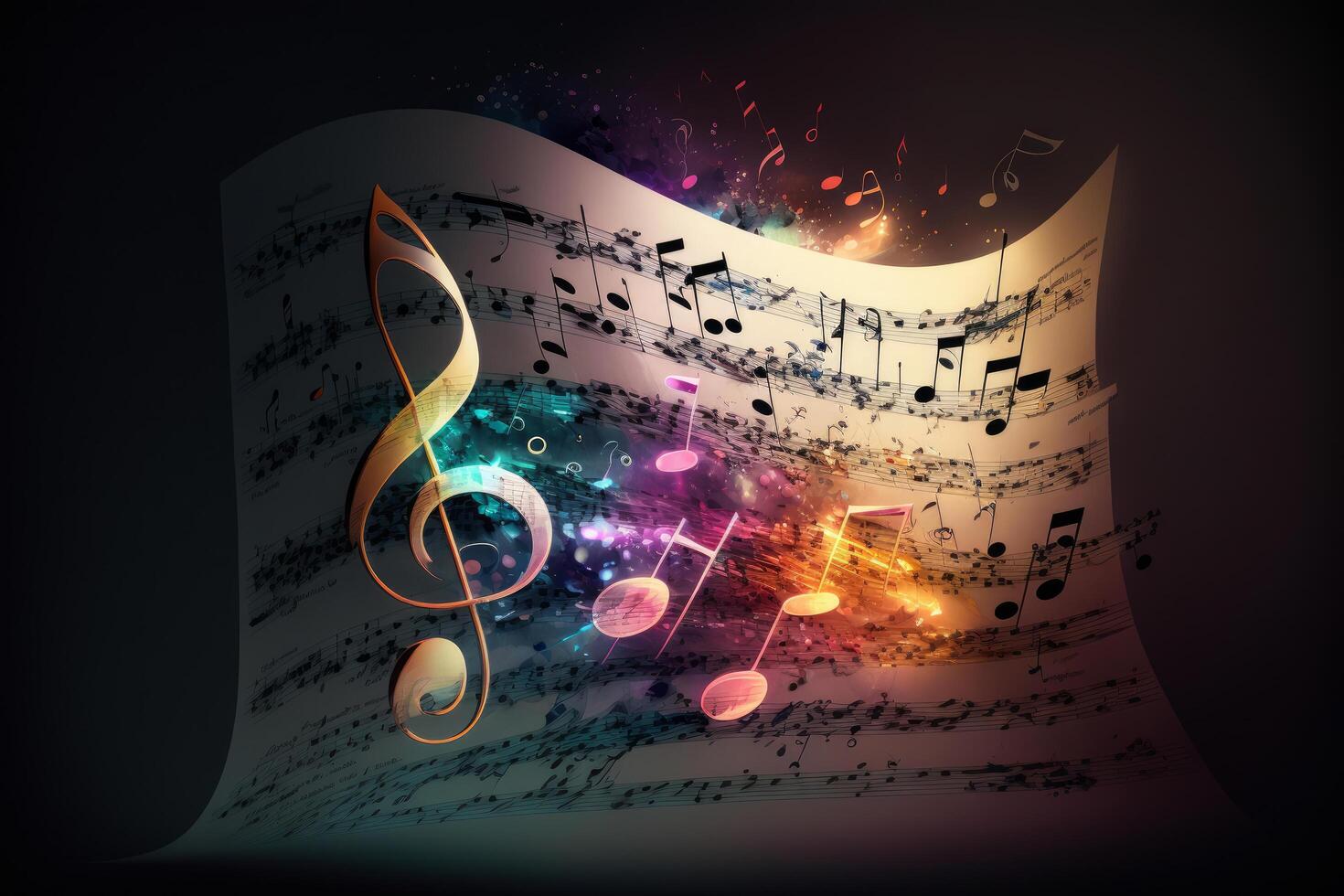 Colorful music notes background with sheet music, disc and treble clef. Illustration photo