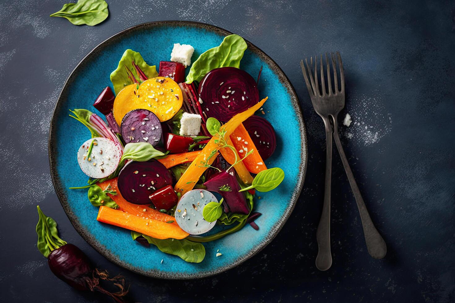 Salad with beetroot, potato, carrot, pickles. Illustration photo