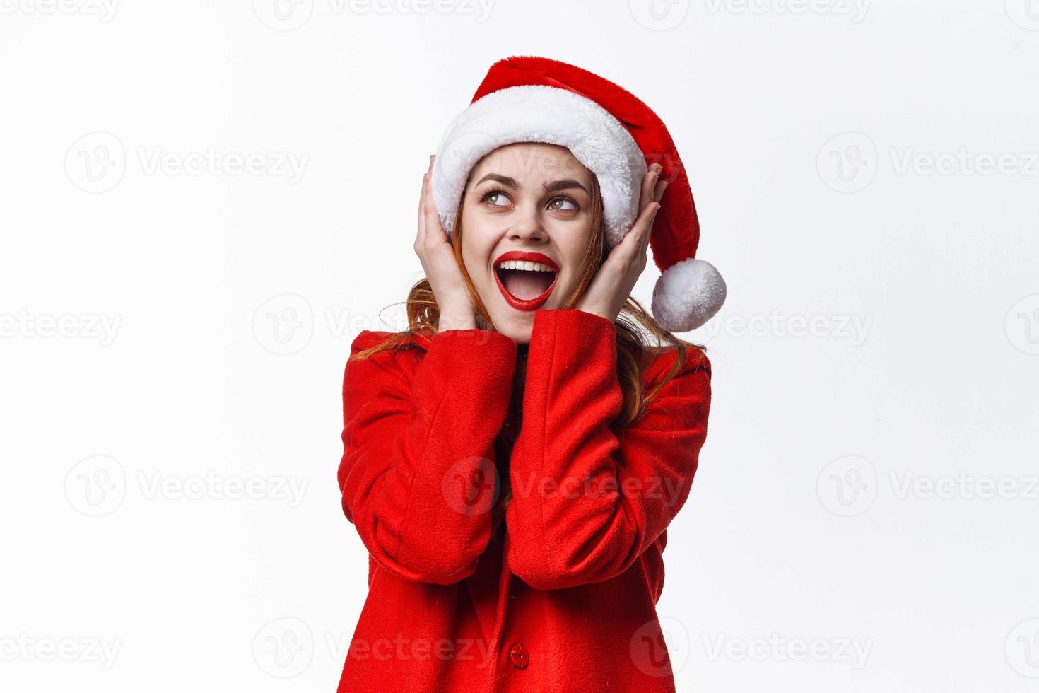 cheerful pretty woman holiday christmas costume santa model photo