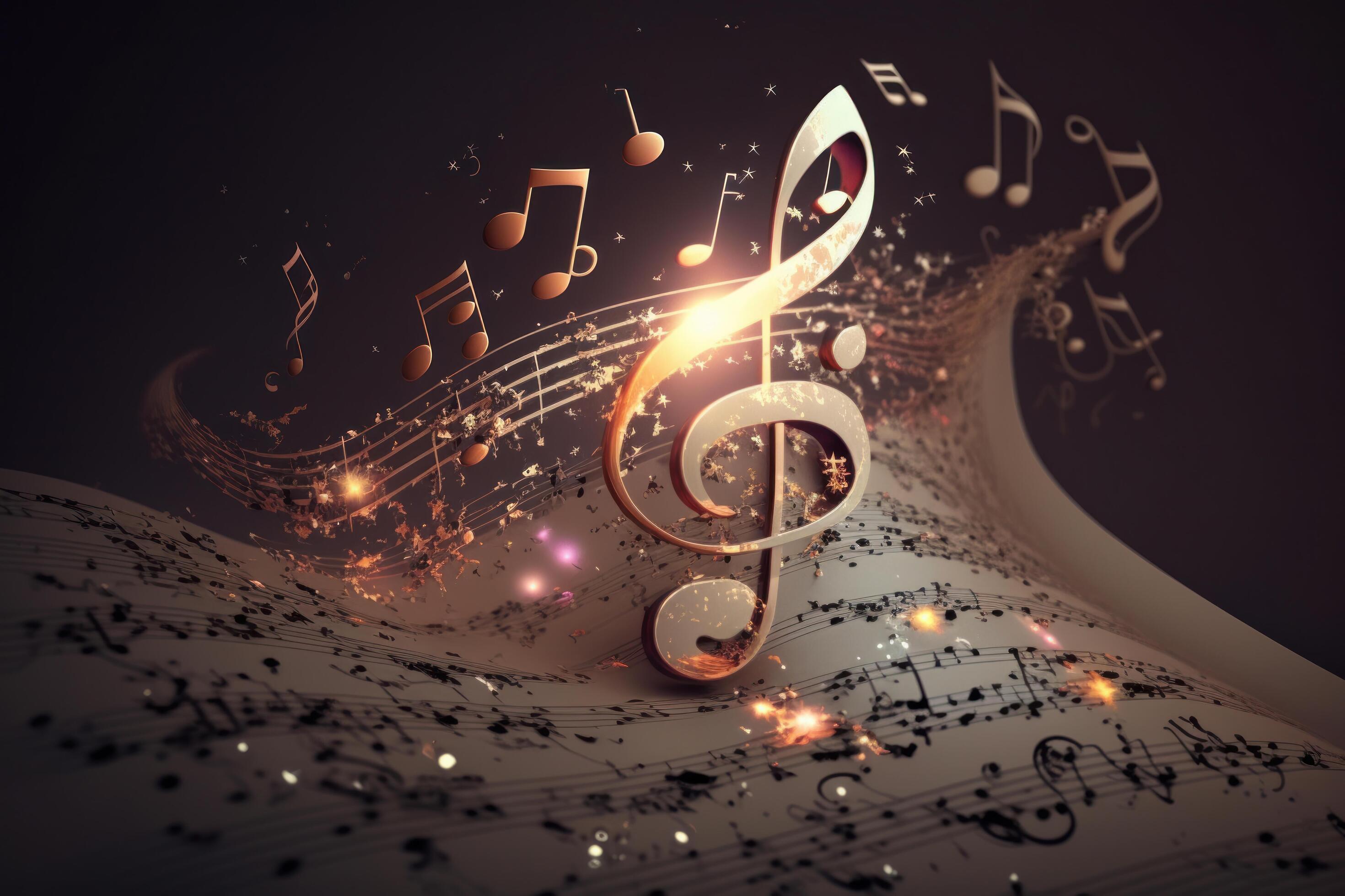Colorful music notes background with sheet music, disc and treble clef