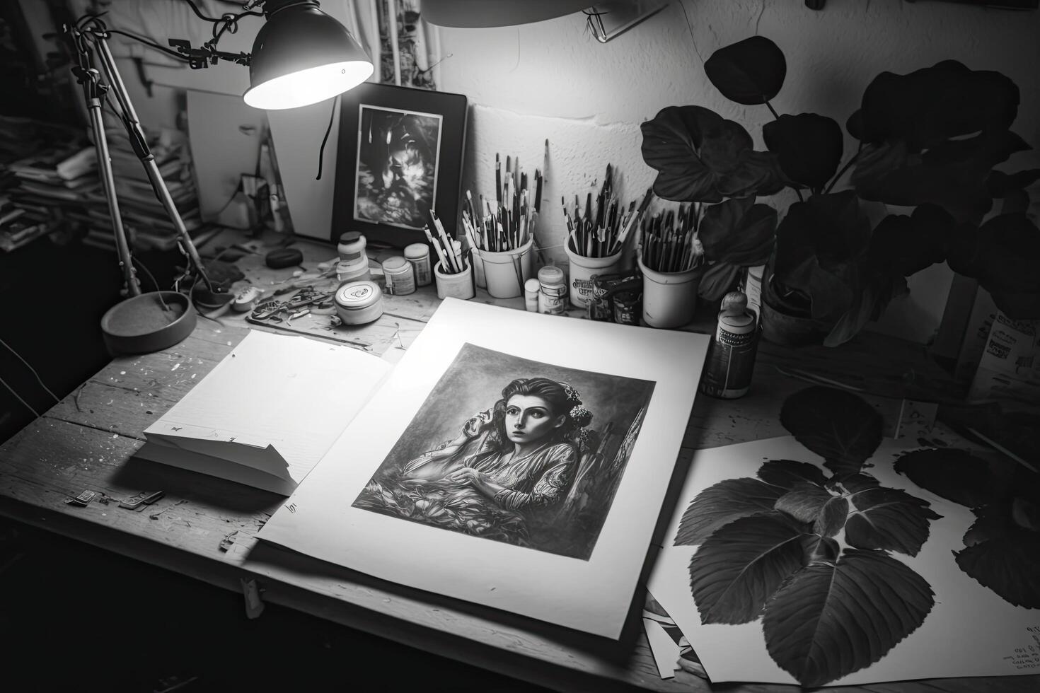 Beatnik artist workspace plants and canvas documentary. Illustration photo