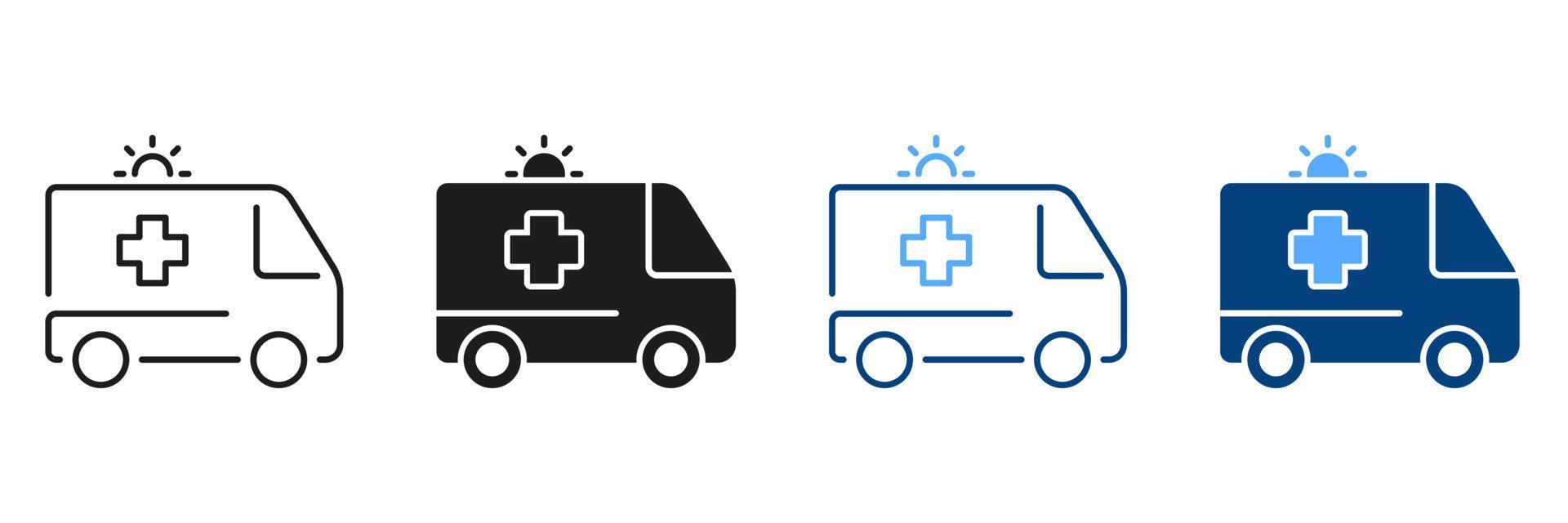 Emergency Car Black and Color Pictogram. Paramedic's Transport for First Aid Service Symbol Collection. Urgent Medical Help Sign. Ambulance Line and Silhouette Icon Set. Isolated Vector Illustration.
