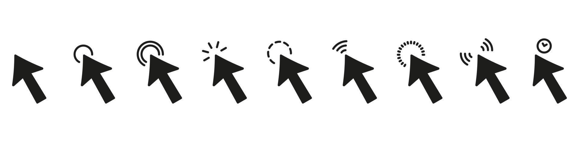 Computer Cursor Arrow Silhouette Pictogram Set. Digital Web Point for Website Solid Icon. Mouse Pointer Glyph Icon. Link Website, Push, Choose, Press. Editable Stroke. Isolated Vector Illustration.