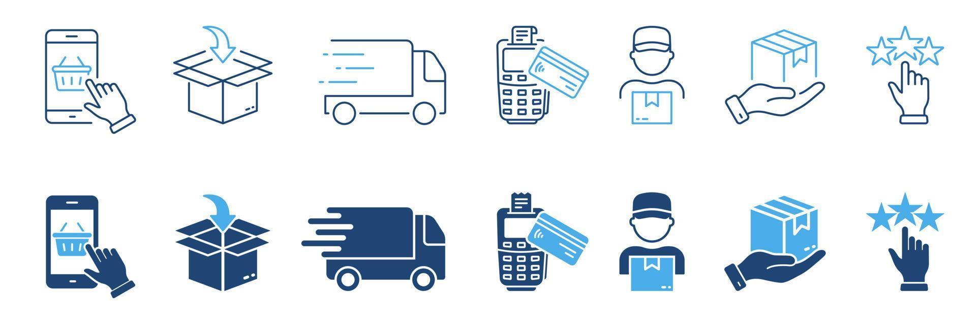 Purchase Guide Blue Pictogram Set. Stages of Delivery Process Silhouette and Line Icons. Order on Mobile Phone, Package Shipping, Payment, Rating Icon. Editable Stroke. Isolated Vector Illustration.