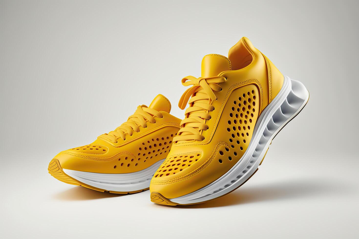 Flying yellow leather womens sneaker isolated on white background. Illustration photo