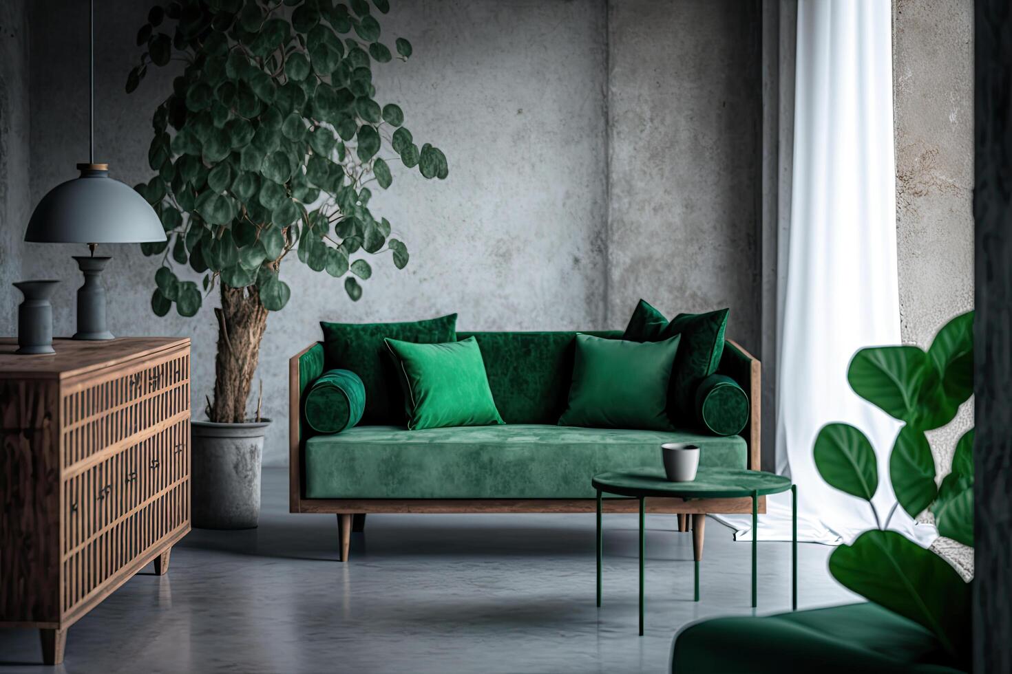 Interior of living room loft style with green fabric sofa. Illustration photo