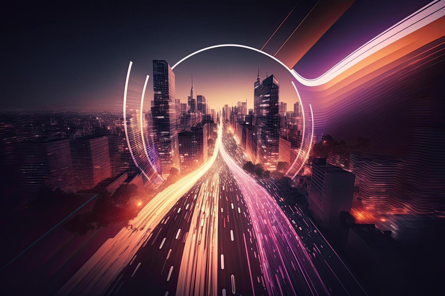 Abstract speed light flow through the city with gradient. Illustration photo