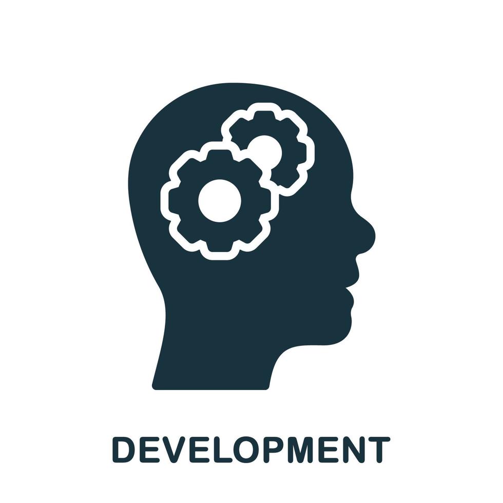 Brain and Cog Wheel Development Concept Silhouette Icon. Human Head with Gear Brainstorm Pictogram. Education Development Solid Sign. Strategic Intellectual Process. Isolated Vector Illustration.