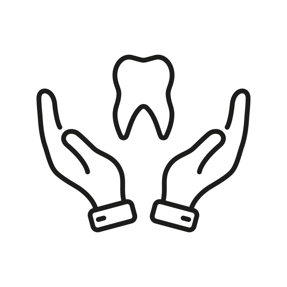 Dental Care Line Icon. Dentistry Outline Symbol. Dental Treatment. Tooth and Human Hand Dentist Support Concept. Stomatology Protection Linear Pictogram. Editable Stroke. Isolated Vector Illustration.
