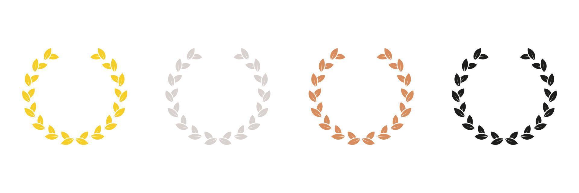 Gold, Silver, Bronze, Black Leaf Award Glyph Pictogram. Winner Chaplet. Laurel Wreath Silhouette Icon Set. Vintage Olive Leaves Emblem. Circle Tree Branch Success Symbol. Isolated Vector Illustration.