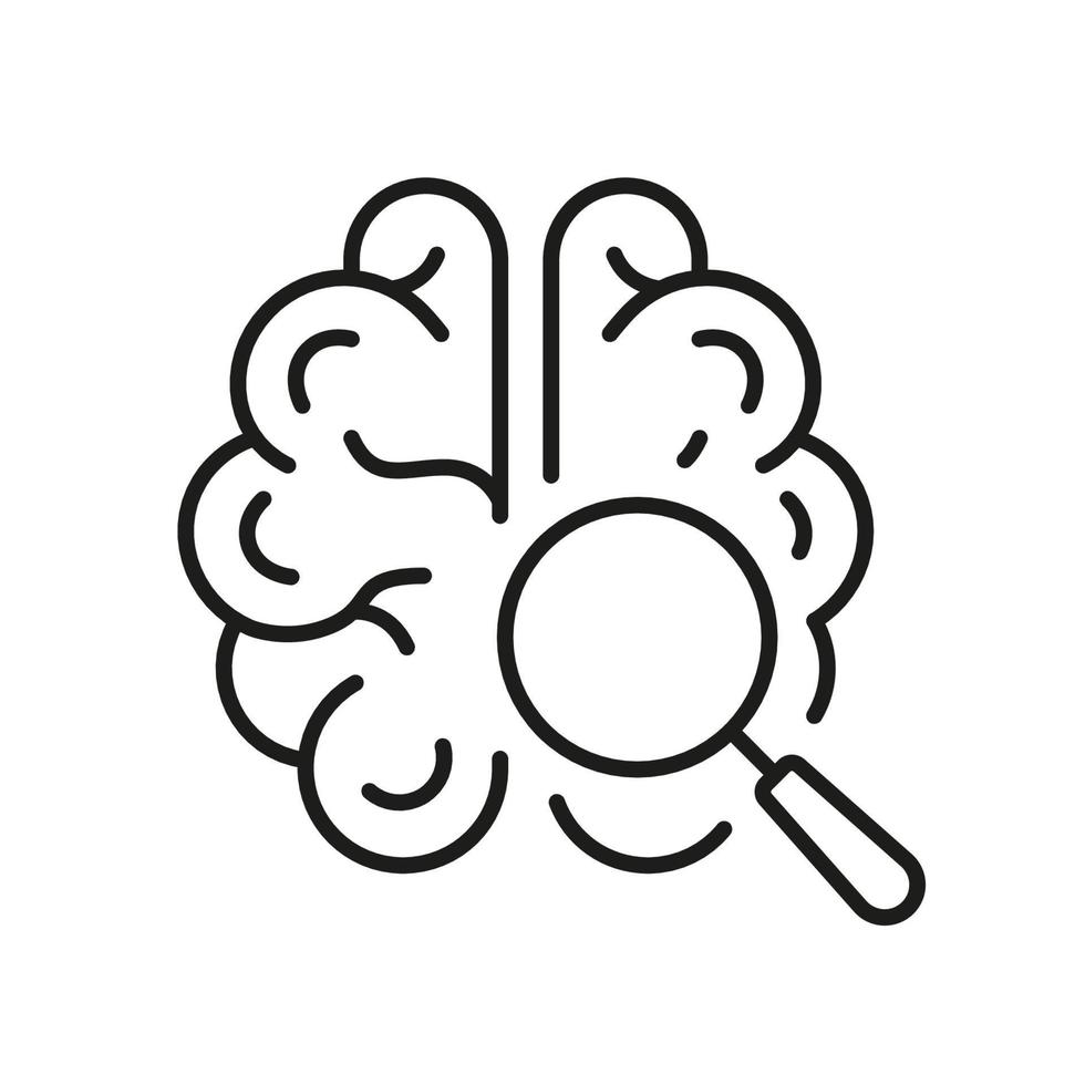 Brain with Magnifier Black Line Icon. Human Mind Research Linear Pictogram. Neurology Science Exploration Symbol on White Background. Editable Stroke. Isolated Vector Illustration.