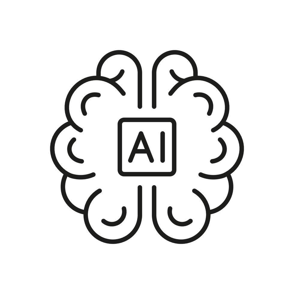 Artificial Intelligence Black Line Icon. AI with Human Brain Linear Pictogram. Digital Technology Symbol on White Background. Editable Stroke. Isolated Vector Illustration.