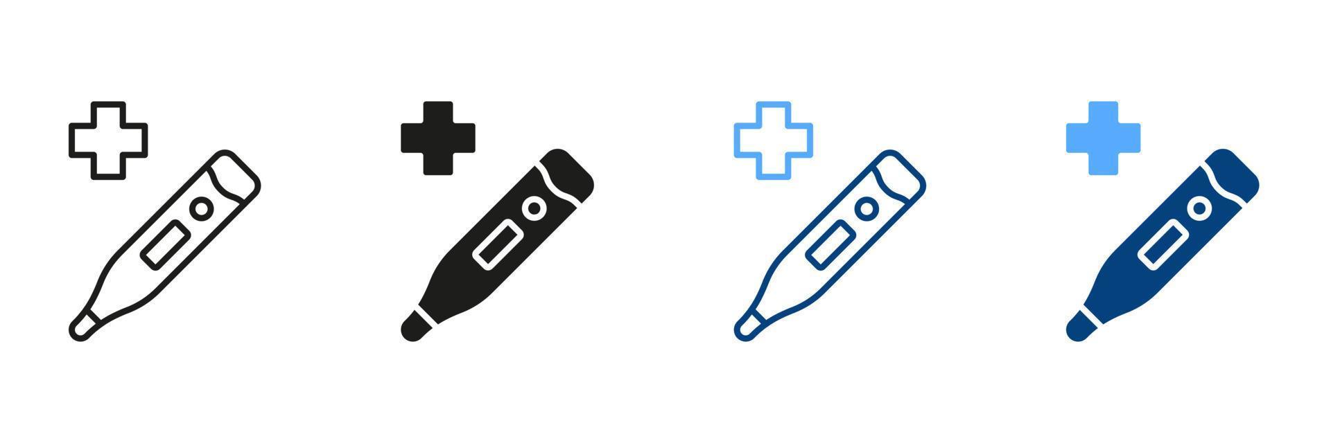 Medical Tool for Temperature Control Black and Color Pictogram. Healthcare Instrument. Thermometer Line and Silhouette Icon Set. Electronic Thermometer Symbol Collection. Isolated Vector Illustration.