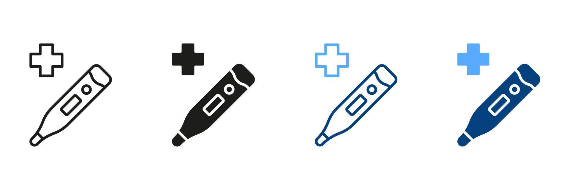 médico herramienta para temperatura controlar negro y color pictograma. cuidado de la salud instrumento. termómetro línea y silueta icono colocar. electrónico termómetro símbolo recopilación. aislado vector ilustración.