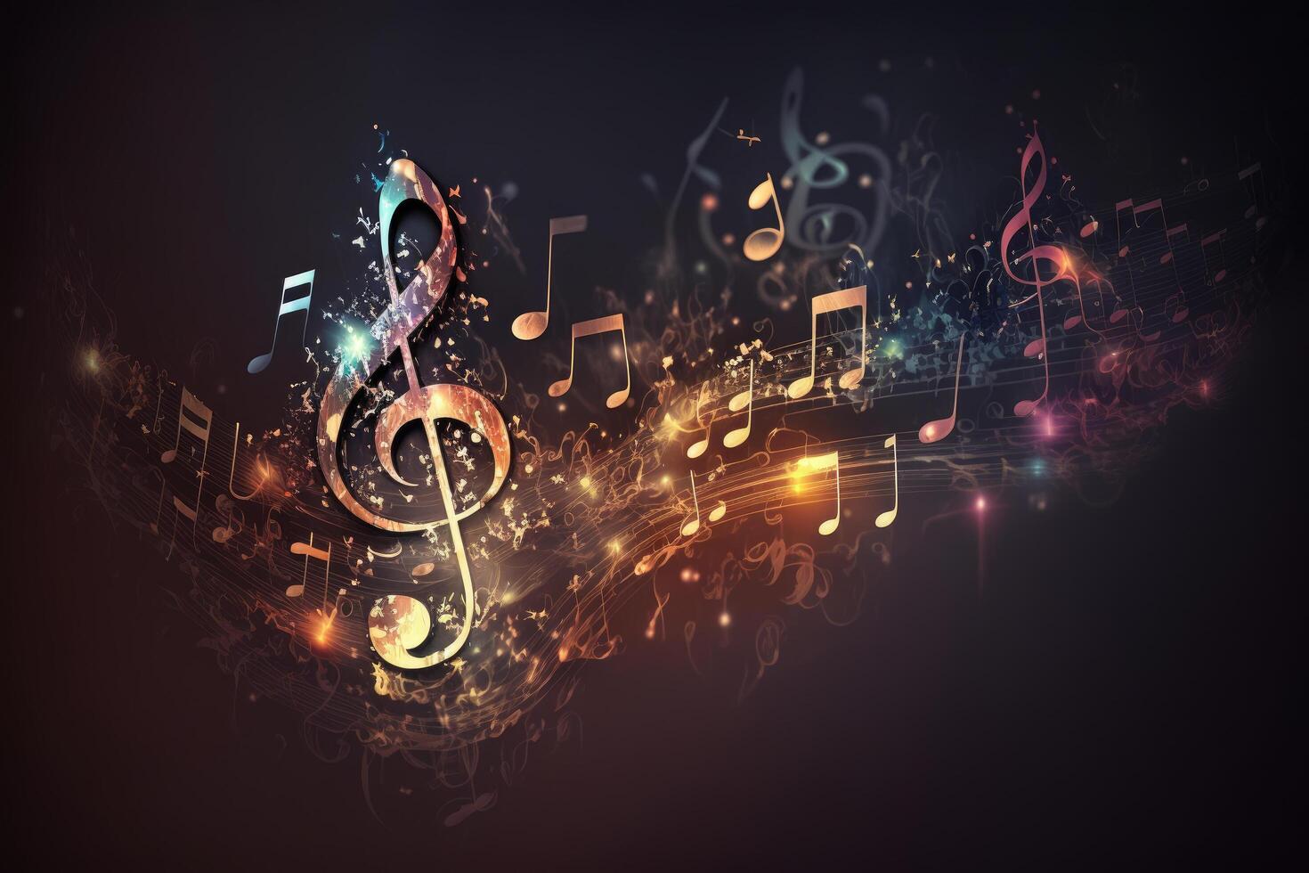 Colorful music notes background with sheet music, disc and treble clef. Illustration photo