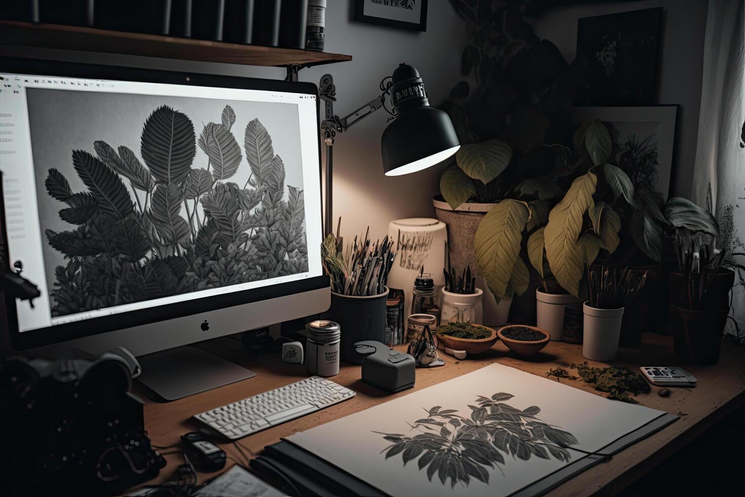 Beatnik artist workspace plants and canvas documentary. Illustration photo