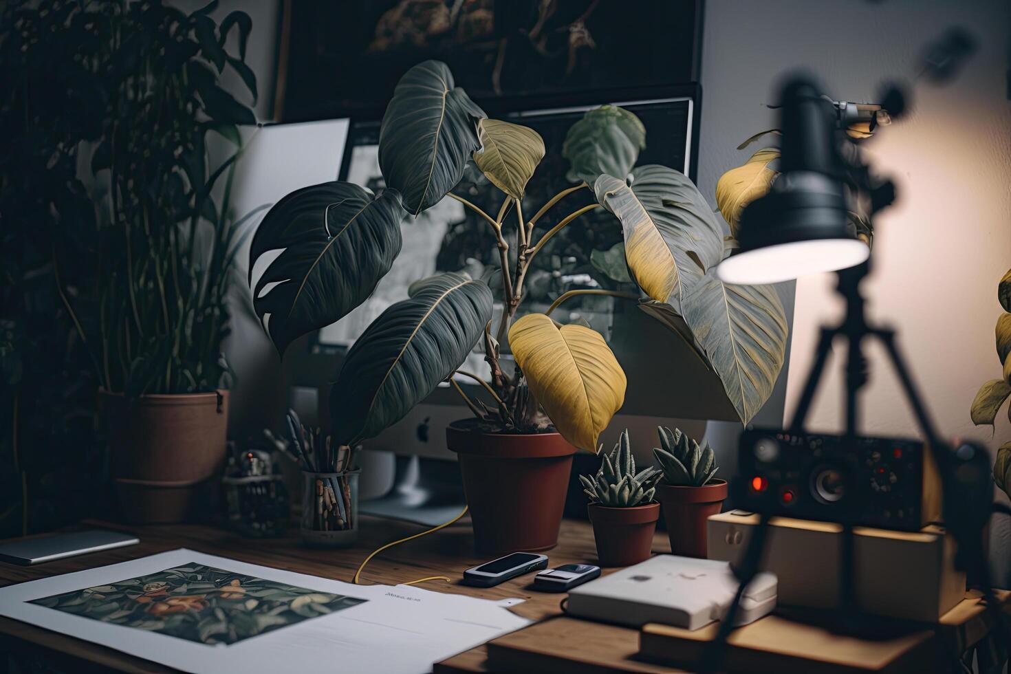 Beatnik artist workspace plants and canvas documentary. Illustration photo