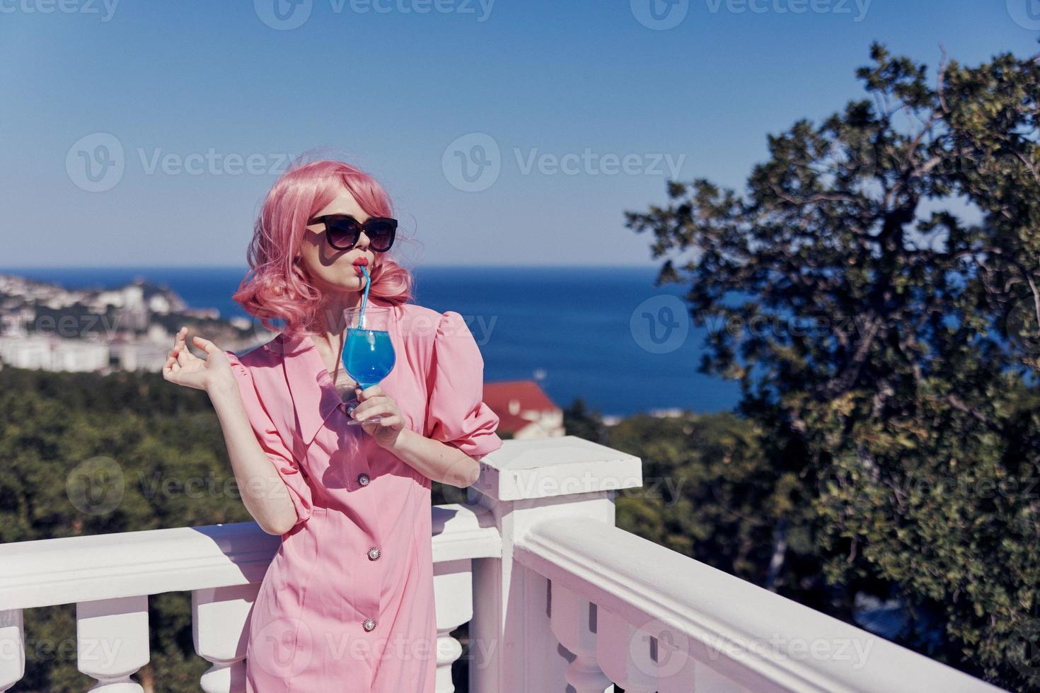 portrait of beautiful woman pink hair sunglasses leisure luxury vintage Summer day photo