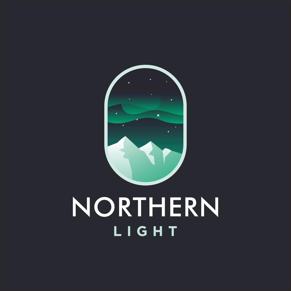 norte luces logo. del Norte ligero cielo Aurora y estrellas icono logo diseño ilustración antecedentes con montaña hielo en noche cielo. verde Aurora borealis logo vector
