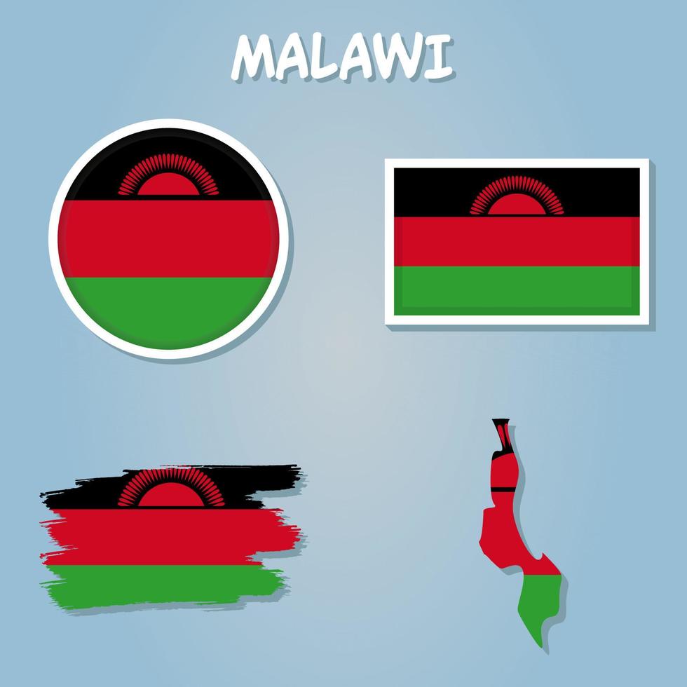 Flag and national coat of arms of the Republic of Malawi overlaid on detailed outline map isolated. vector