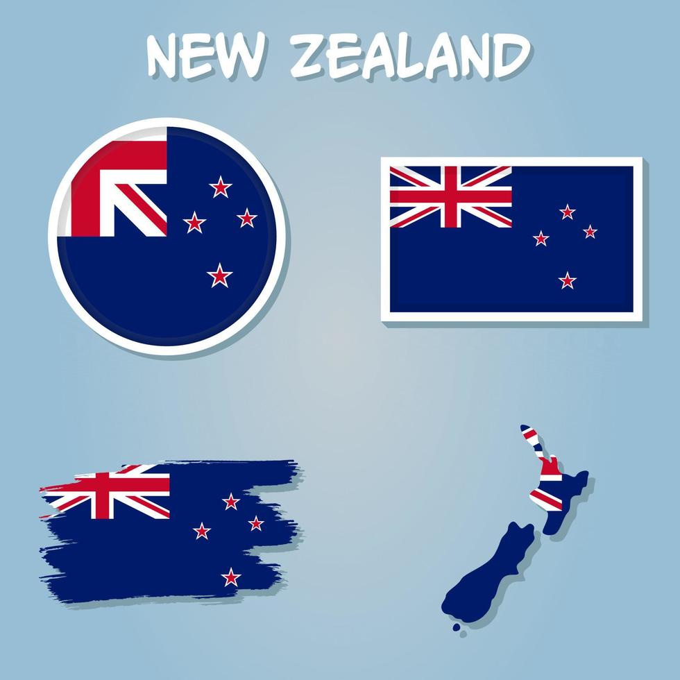 New Zealand vector set. Detailed country shape with region borders, flags and icons isolated.