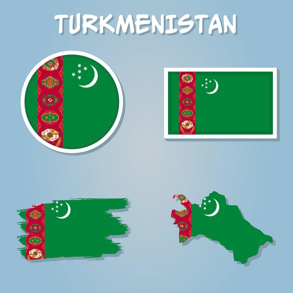 Turkmenistan map and flag in blue background. vector