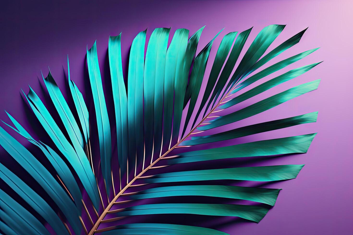 A large fresh palm leaf on a duotone purple-violet-blue. Illustration photo