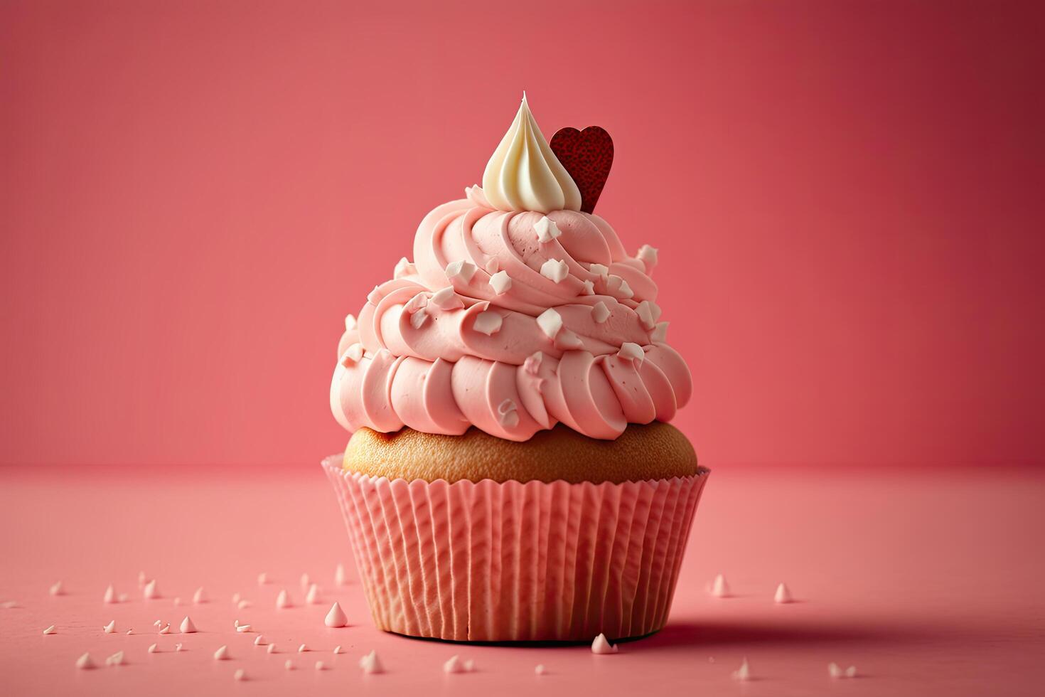 Valentines day pink background. Vanilla cupcake decorate. Illustration photo