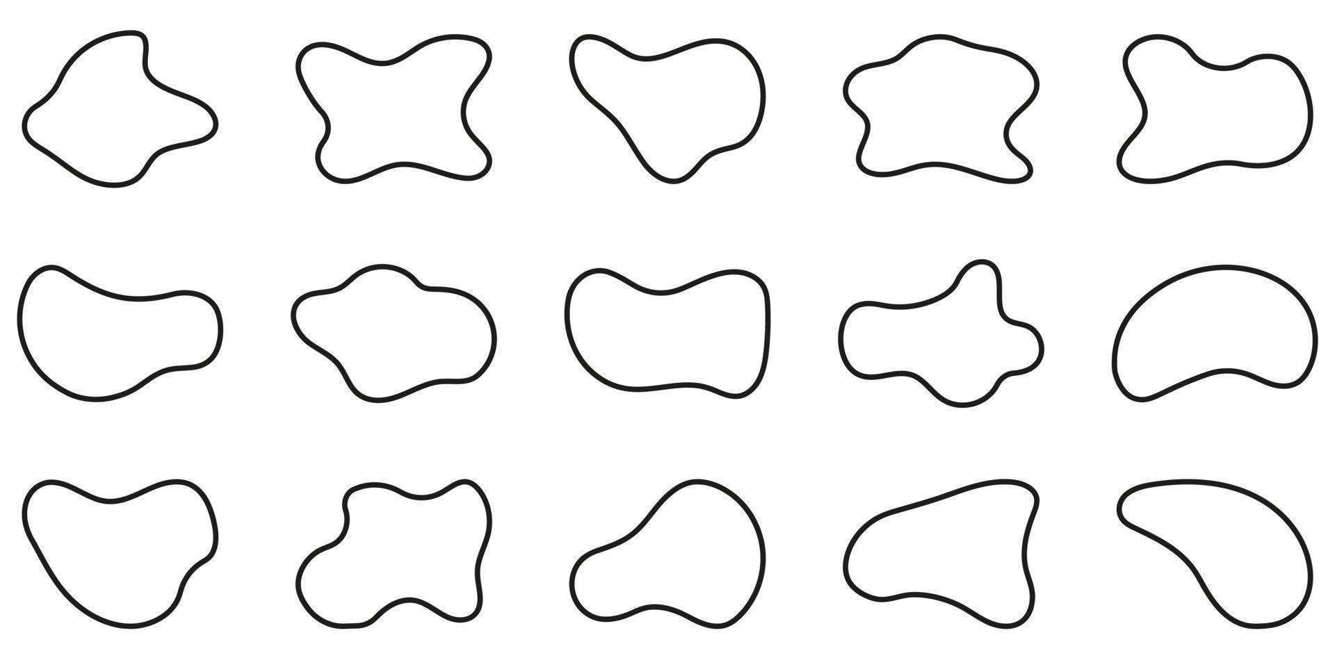 Organic Asymmetric Blotch, Stain, Spot, Splodge Black Line Collection. Free Form Abstract Outline Set on White Background. Irregular Random Minimal Blob Form. Isolated Vector Illustration.