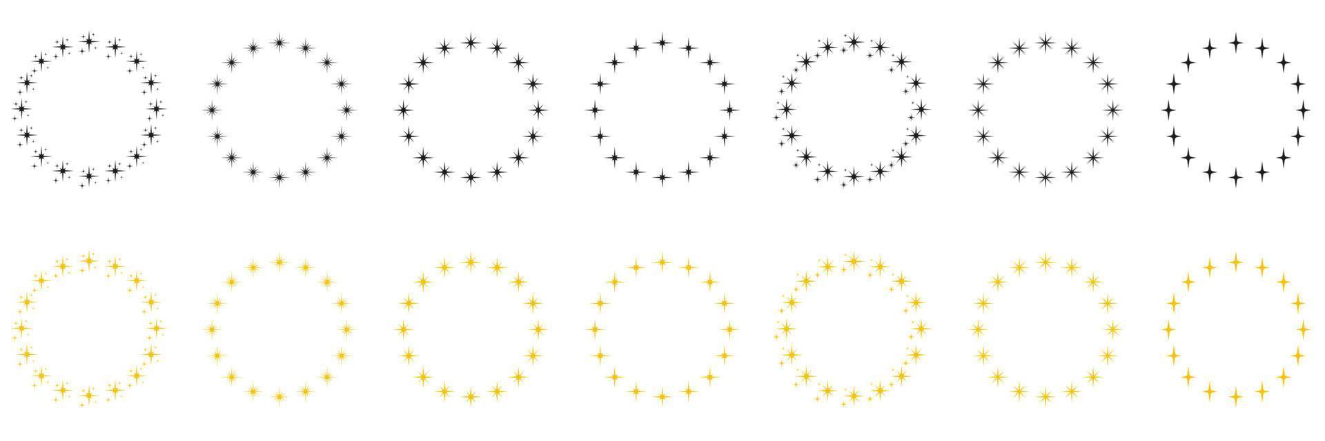 Stars in Circle Shape Silhouette Icon Set. Modern Round Award Frame with Gold and Black Stars Pictogram. Circular Decor Ornament Icon on White Background. Isolated Vector Illustration.