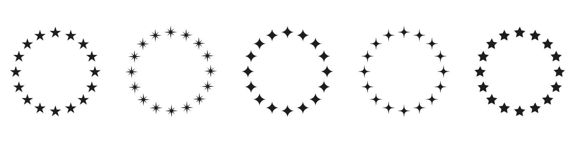 Stars in Circle Shape Silhouette Icon Set. Circular Decor Ornament Icon on White Background. Modern Round Award Frame with Black Stars Pictogram. Isolated Vector Illustration.