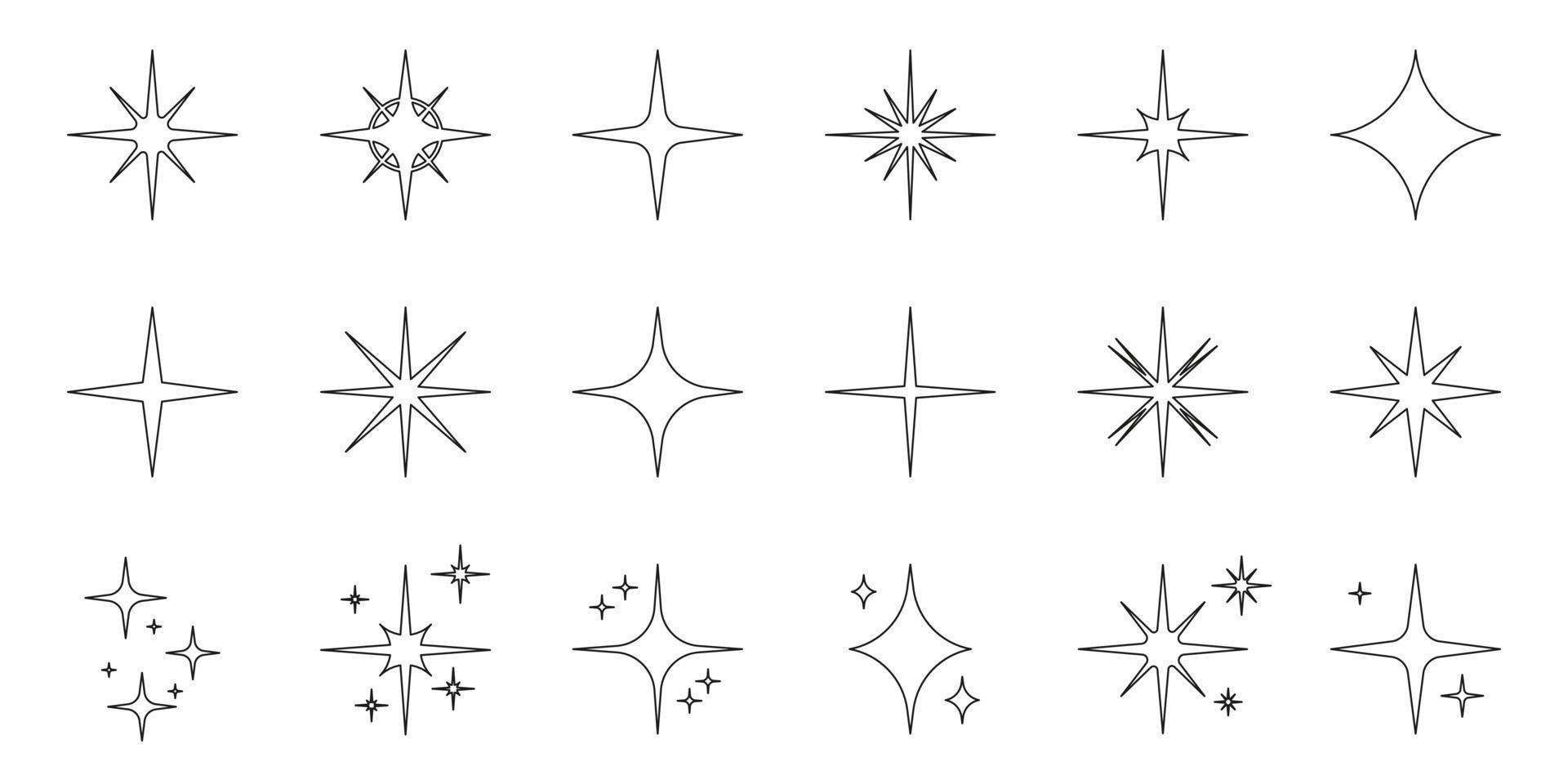 Sparkle Star Line Icon Set. Glow Spark Flash Stars Black Outline Collection. Shine Burst Magic Decoration Symbol. Glistering Effect Light. Twinkle Flare. Isolated Vector Illustration.