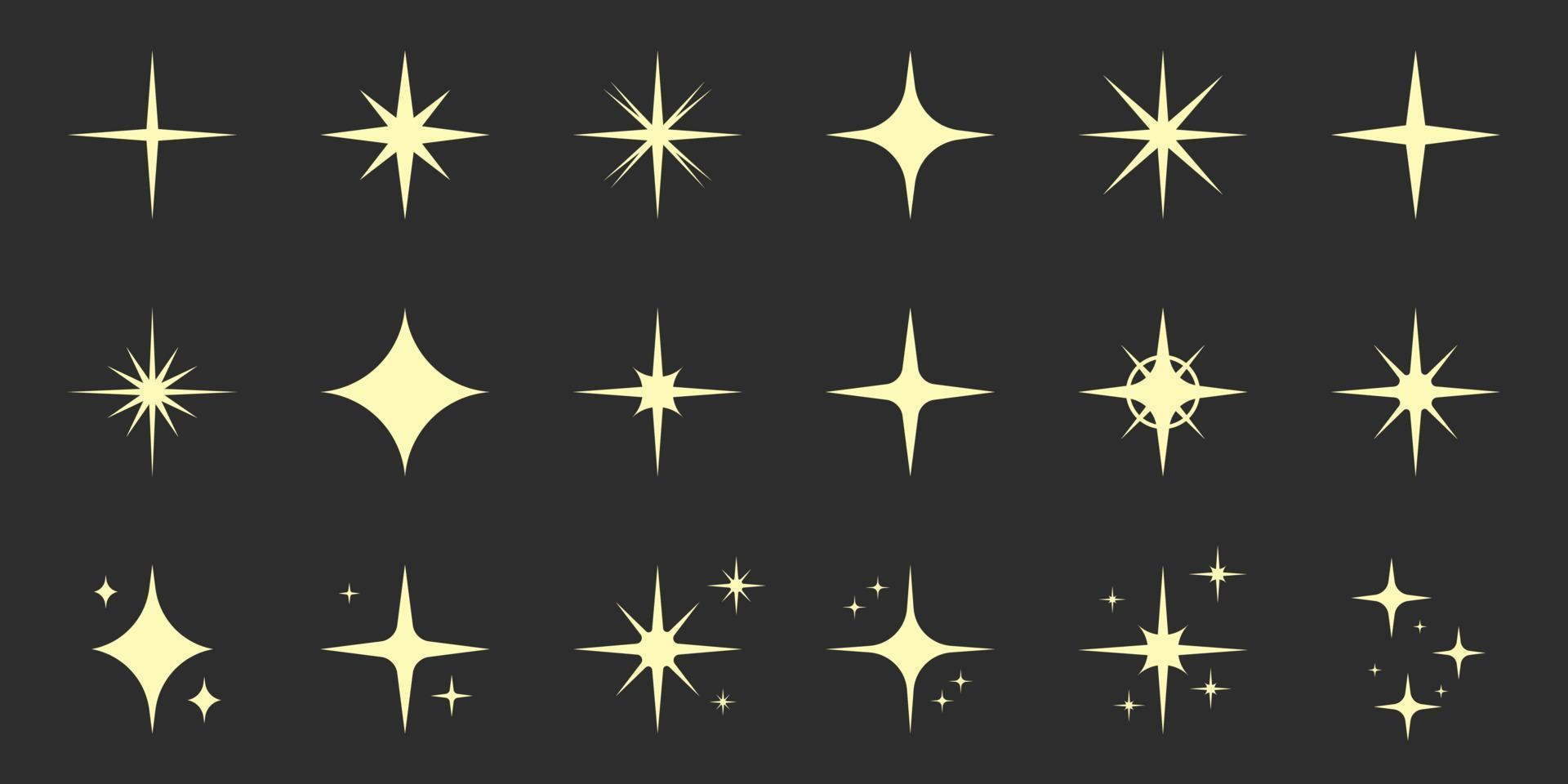 Sparkle Gold Star Silhouette Icon Set. Glow Spark Flash Stars Pictogram Collection. Shine Burst Magic Decoration Symbol. Glistering Effect Light. Golden Twinkle Flare. Isolated Vector Illustration.