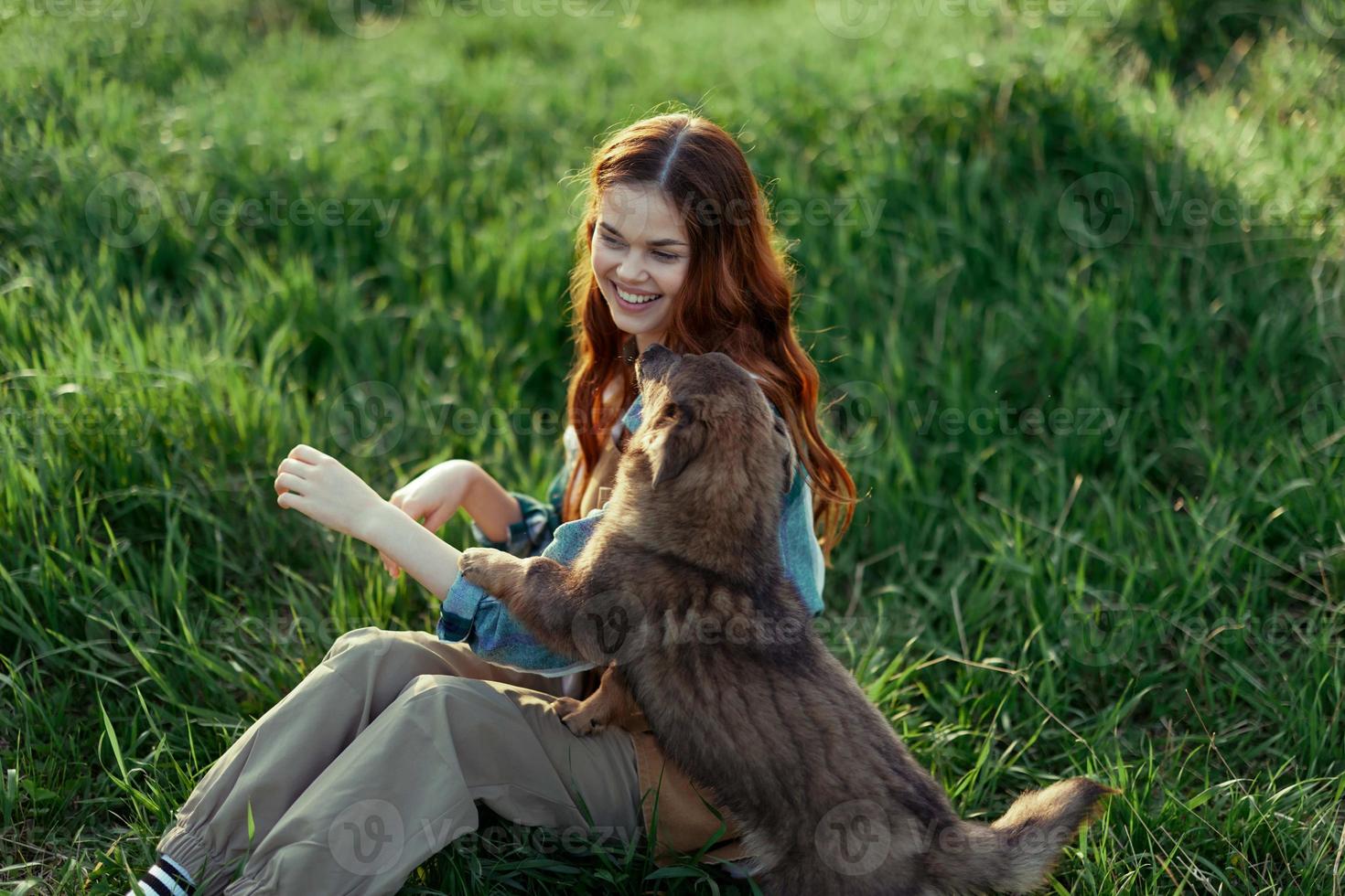 Woman lying on the grass smiling playing and cuddling her dog in nature in the park in the summer sunset. The concept of health and love of animals, treatment of ticks and fleas grass and animals photo