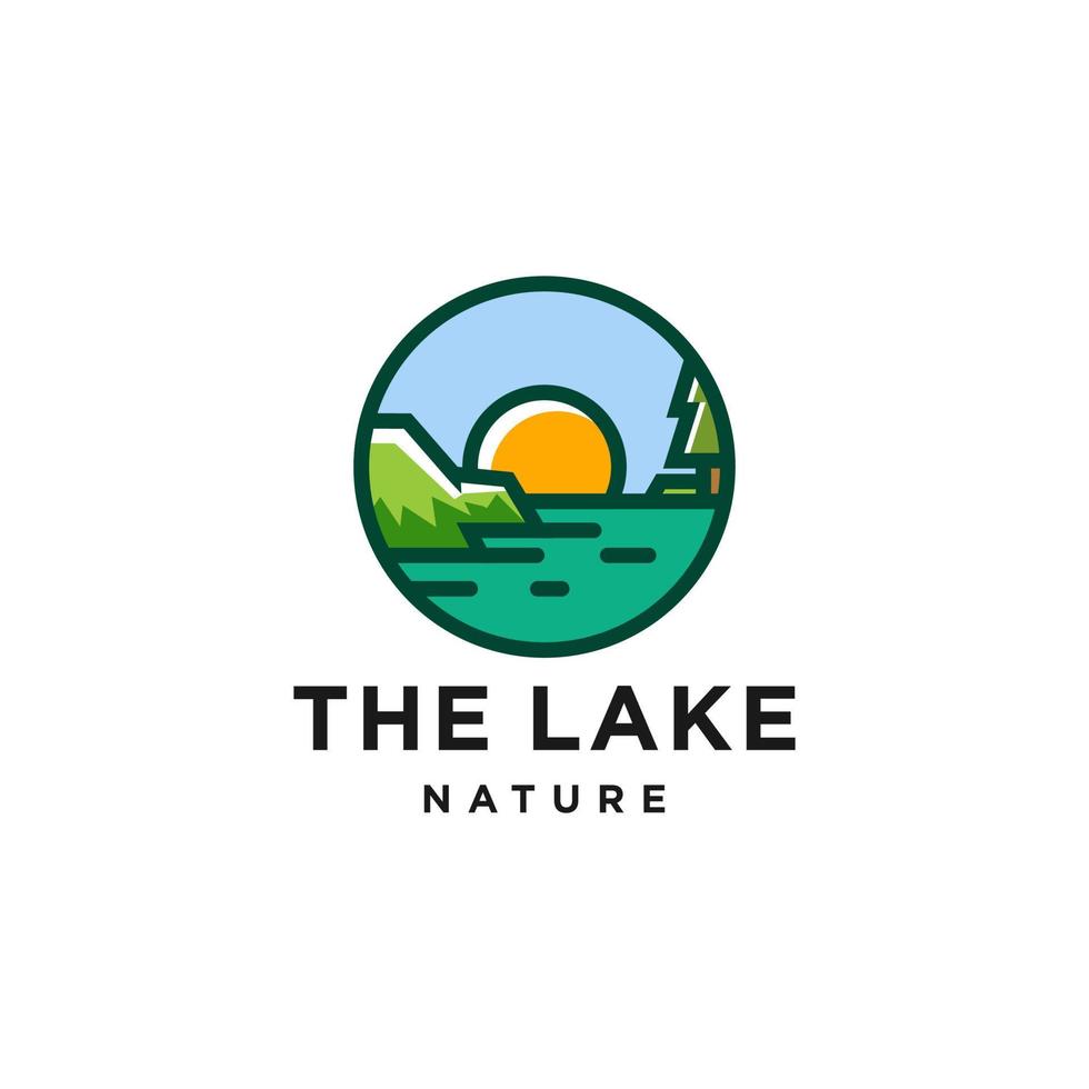 Beautiful lake logo. sunset sunrise with green lake or river creek view water logo icon vector in colorful vector for hotel or resort, holiday theme logo design.