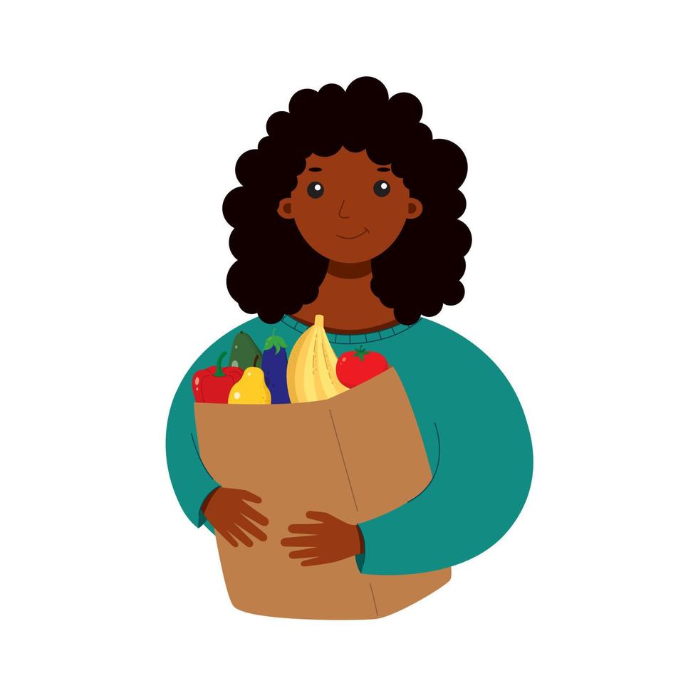 Beautiful dark girl with a package of vegetables and fruits vector