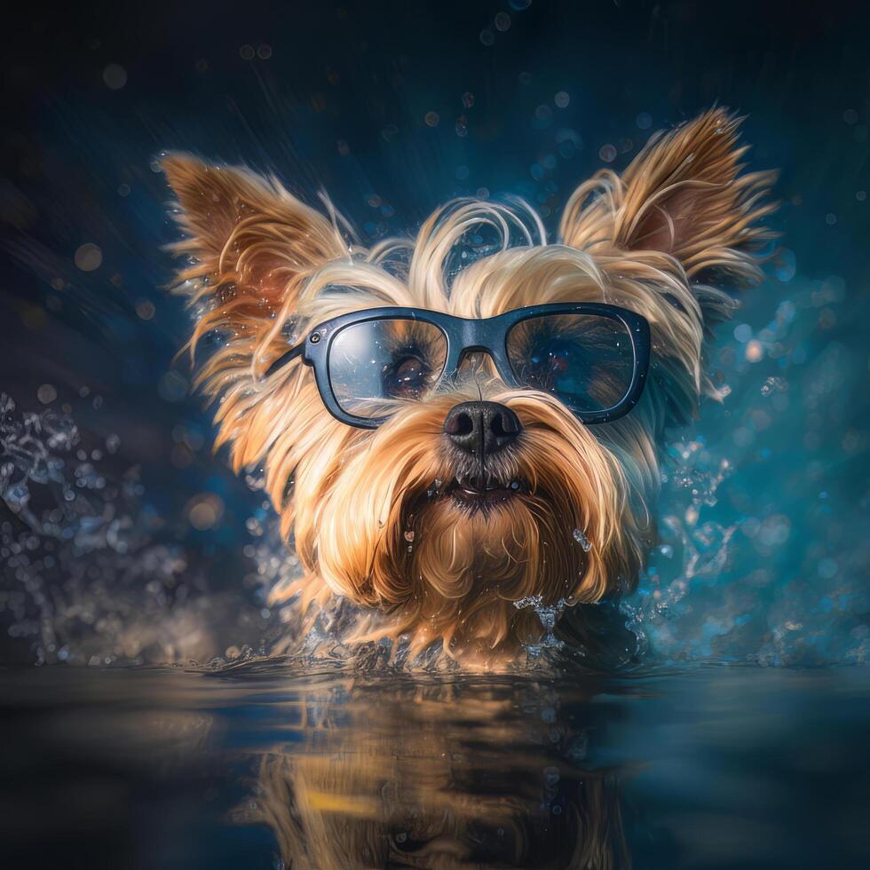 Yorkshire Terrier in sun goggles surf on blue water. Illustration photo
