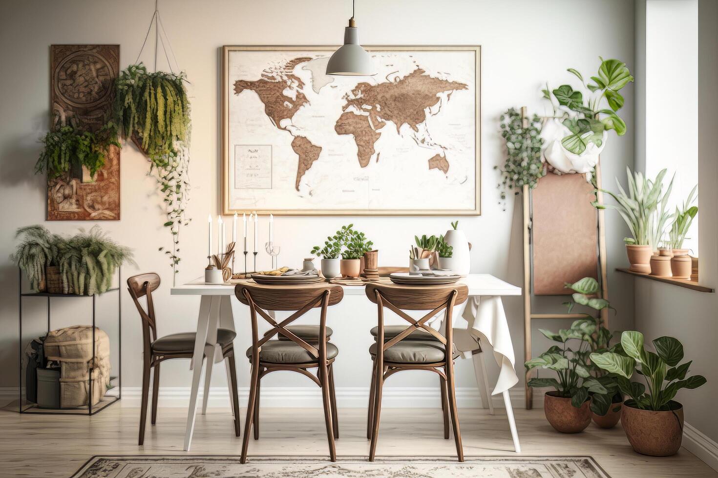 Stylish and botany interior of dining room. Illustration photo