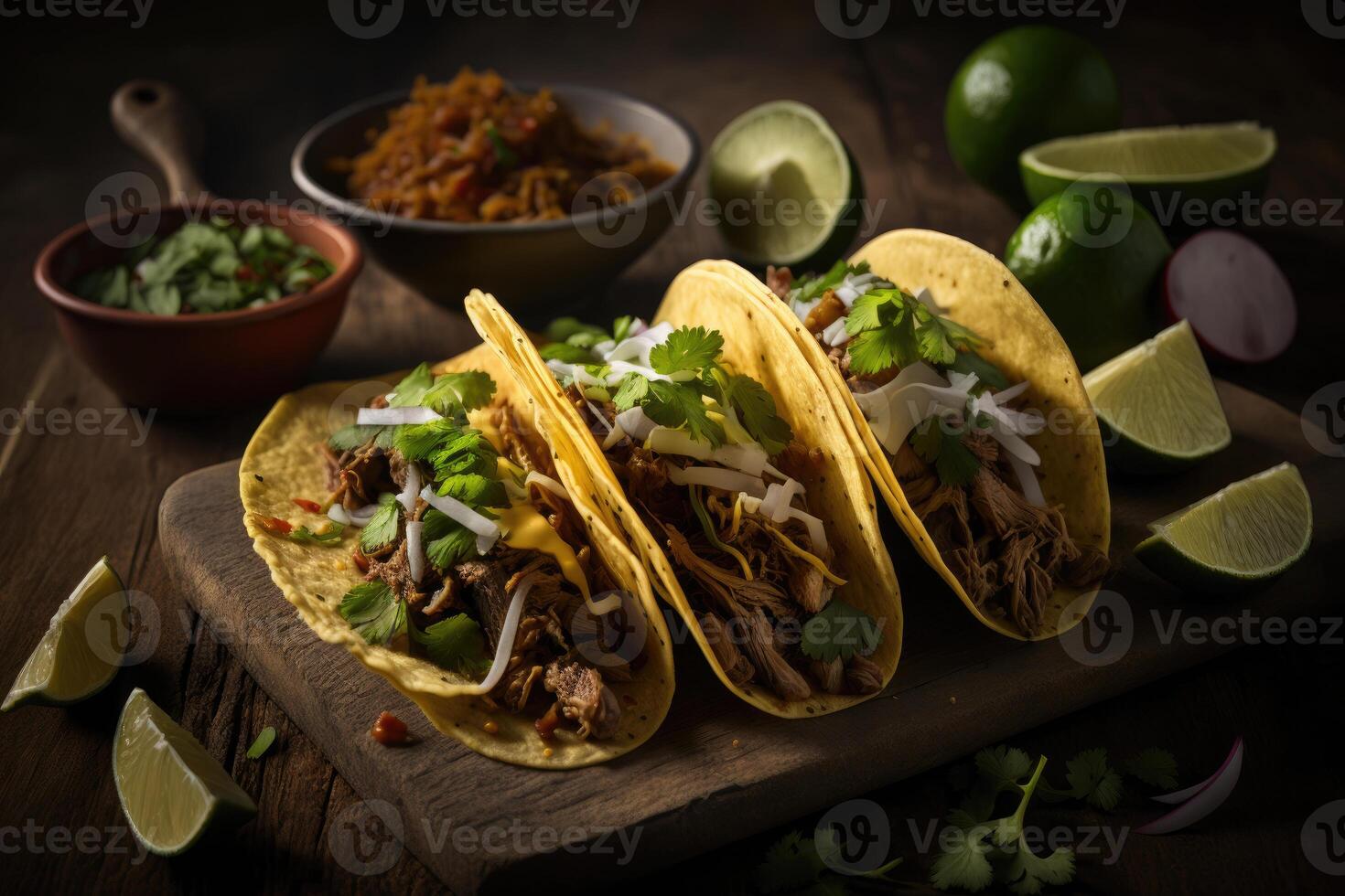 three pork carnitas street tacos in yellow corn tortilla. Illustration photo