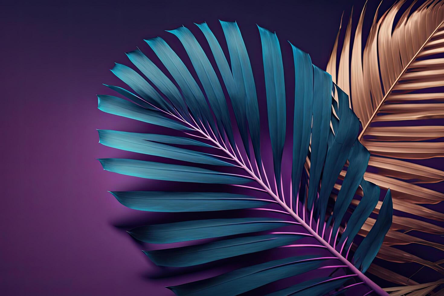 A large fresh palm leaf on a duotone purple-violet-blue. Illustration photo