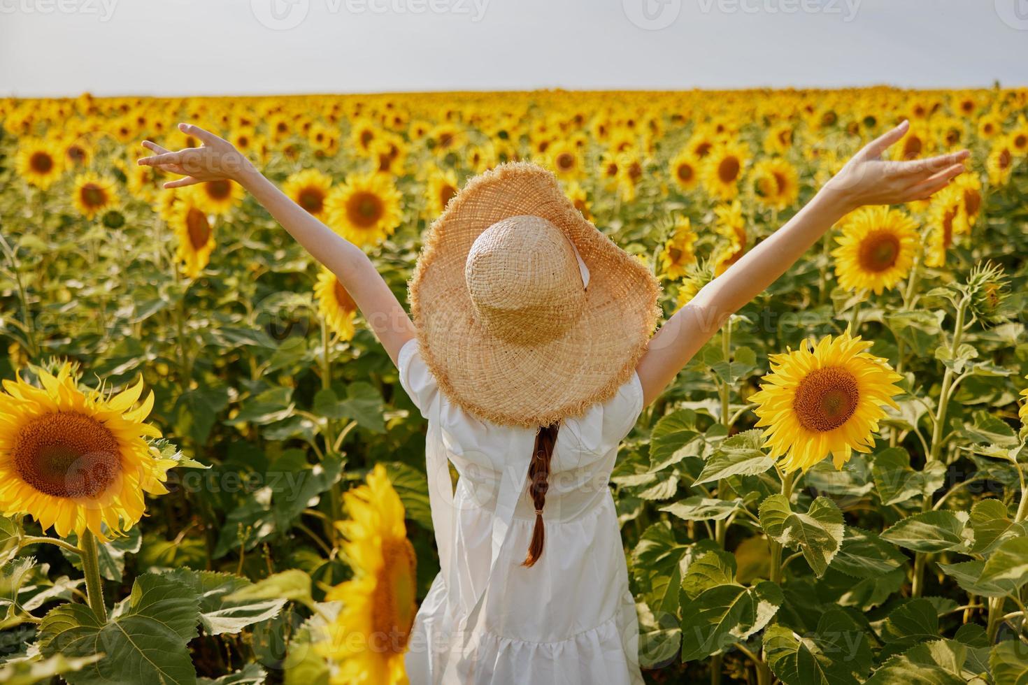 mujer con sombrero girasol campo verano libertad paisaje foto