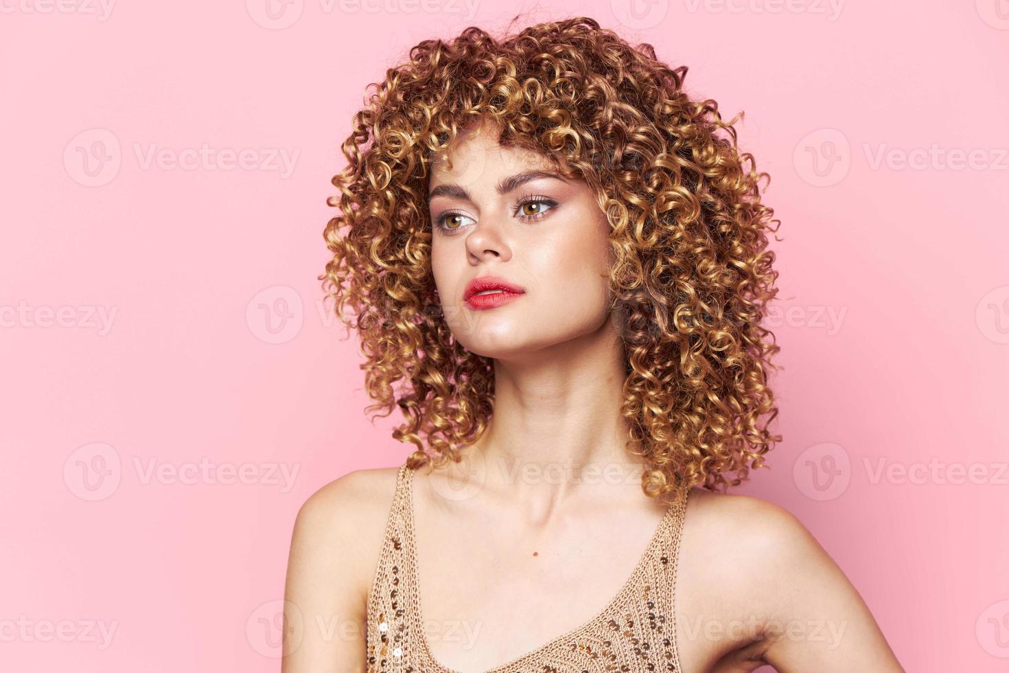 Lady curly hair red lips charm bright makeup photo