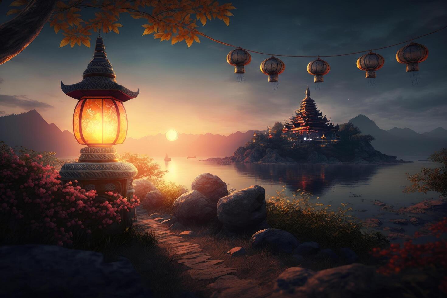 Vesak day sunset background. Illustration photo