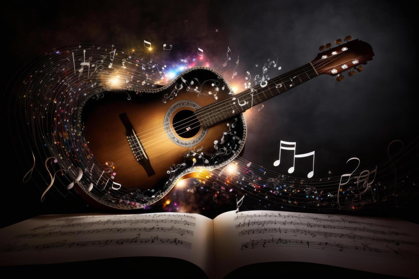 Festive background with guitar and musical notes. Illustration photo